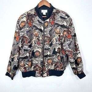 Vintage K Arnold Black Brown Leopard Cat Jungle Print Silk Bomber‎ Jacket Size L